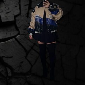 Fashion Nova Tan and Blue Varsity Jacket